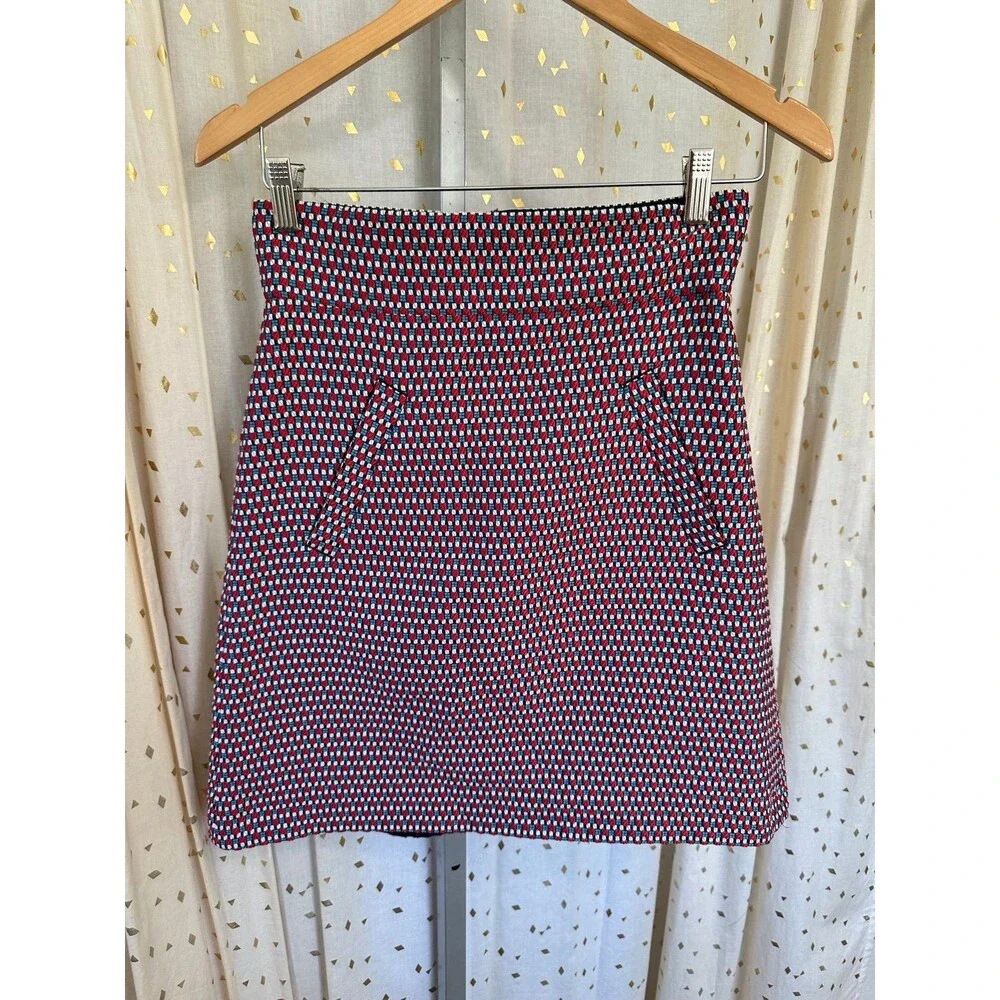 Emmel Refines Geometric Tweed Faux Pockets Fitted Waist A-Line Mini Skirt M
